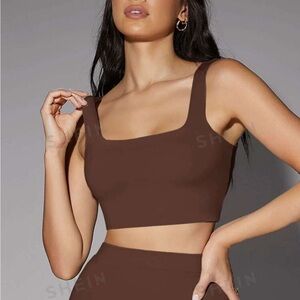 Two Piece Set | Cropped Tank & Biker Shorts | Chocolate Brown | S Top XS Bottoms